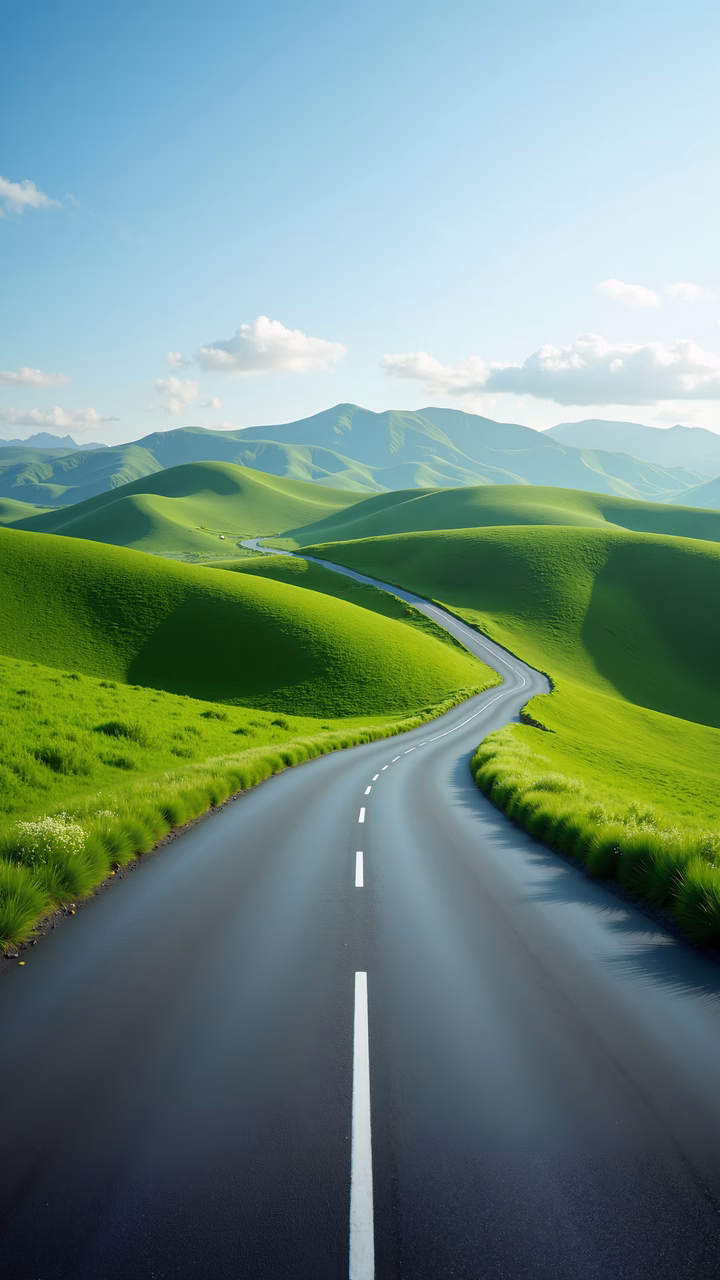 A tranquil road through vibrant green hills under a clear blue sky.