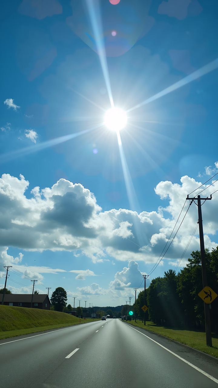 Bright sun, open road, serene landscape