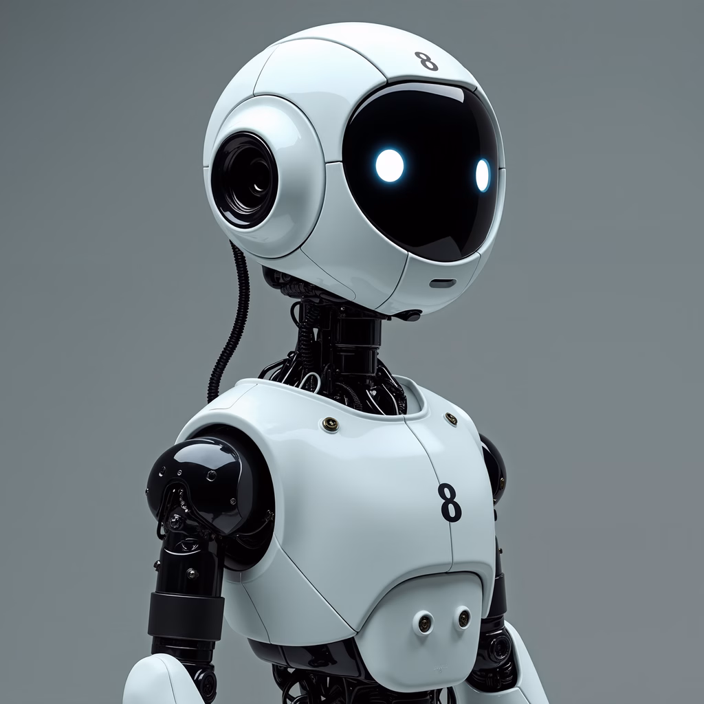 Friendly robotic companion with glowing eyes and sleek design.