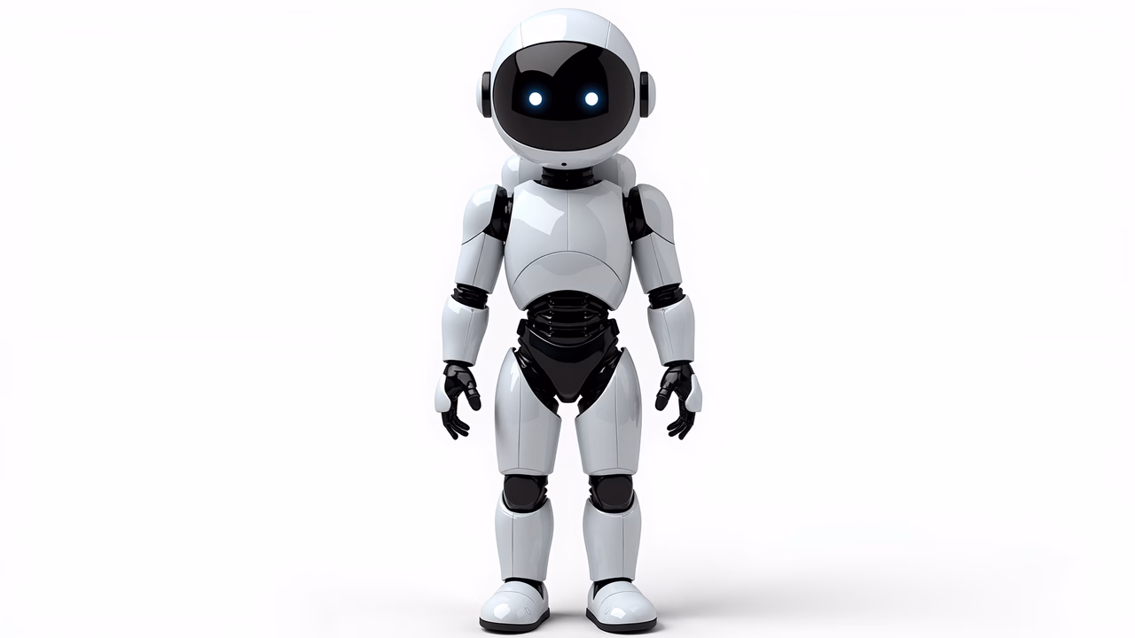 A futuristic humanoid robot with glowing blue eyes against a minimalist backdrop.