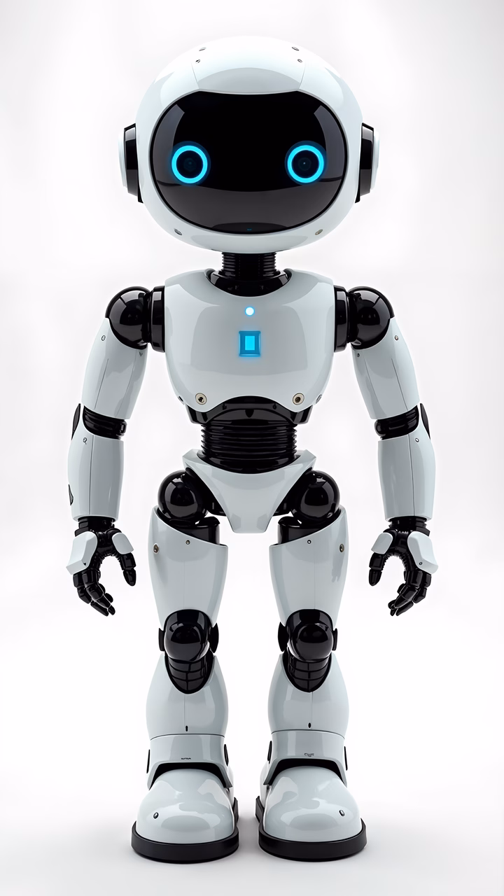 Friendly, modern, futuristic robot with glossy finish and blue eyes.