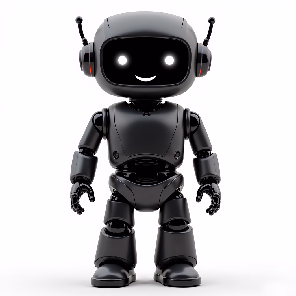 Friendly black robot with antenna-like headpiece and cheerful expression.