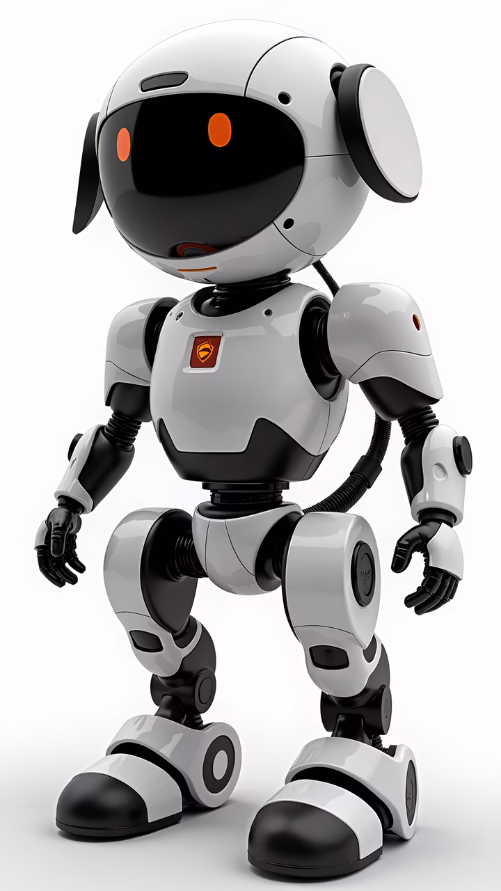 A friendly, modern robot with a sleek design and warm eyes.