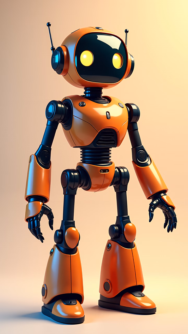 A charming, futuristic robot with a warm, inviting background.