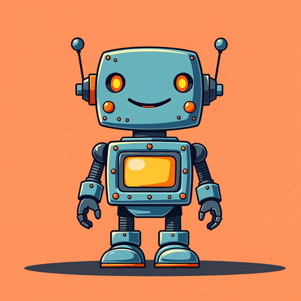A cute, friendly robot with a cheerful expression and a simple design against a warm peach background.