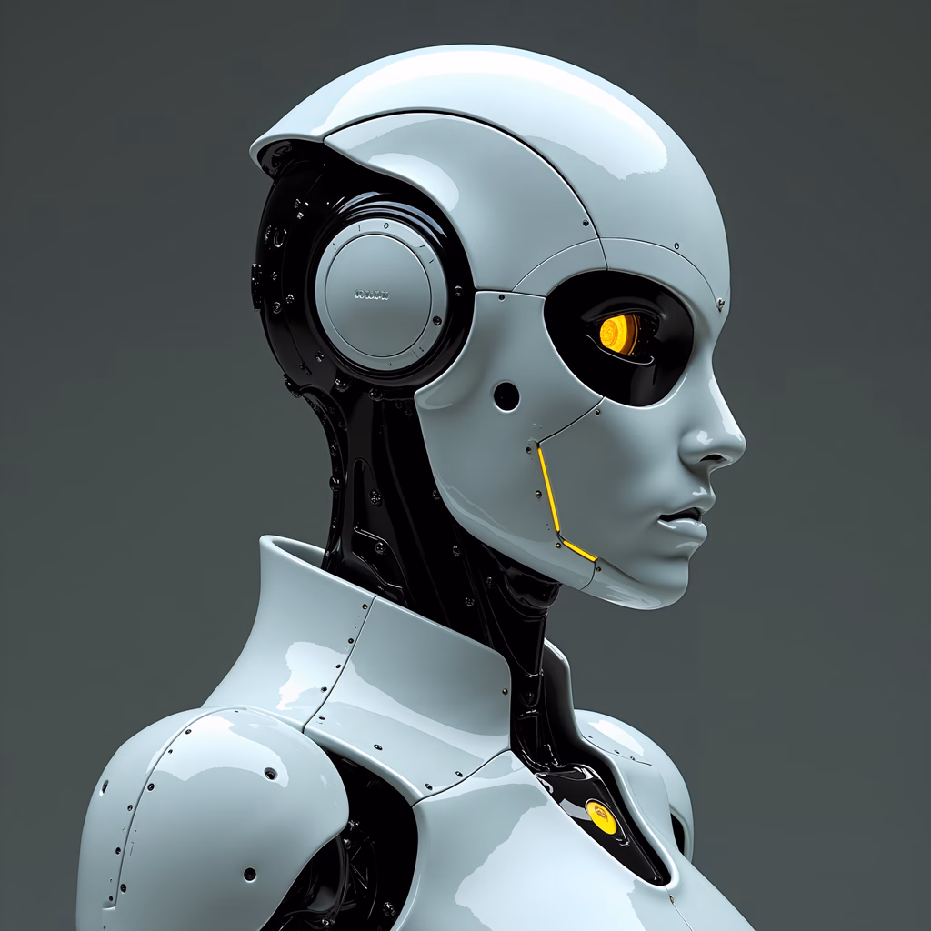 A sleek, futuristic robot with metallic surfaces and yellow eyes.