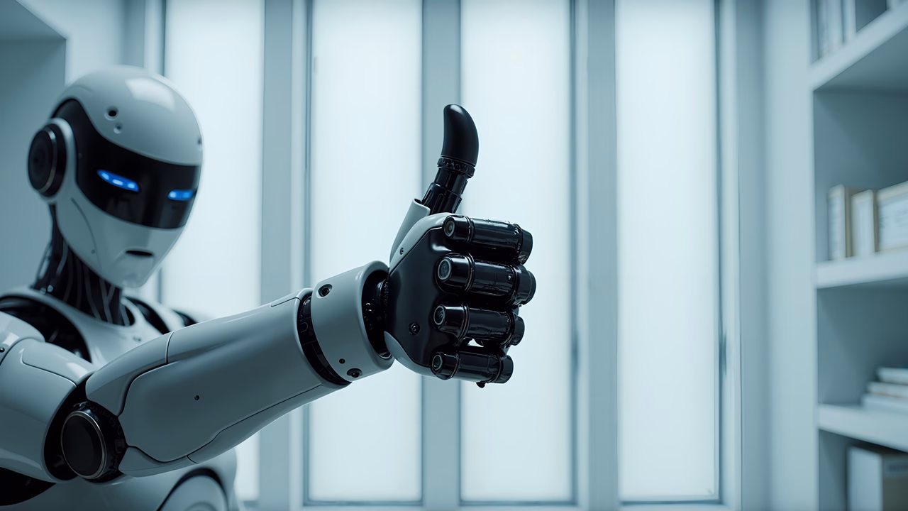 Futuristic robot giving a thumbs-up in a modern office setting.