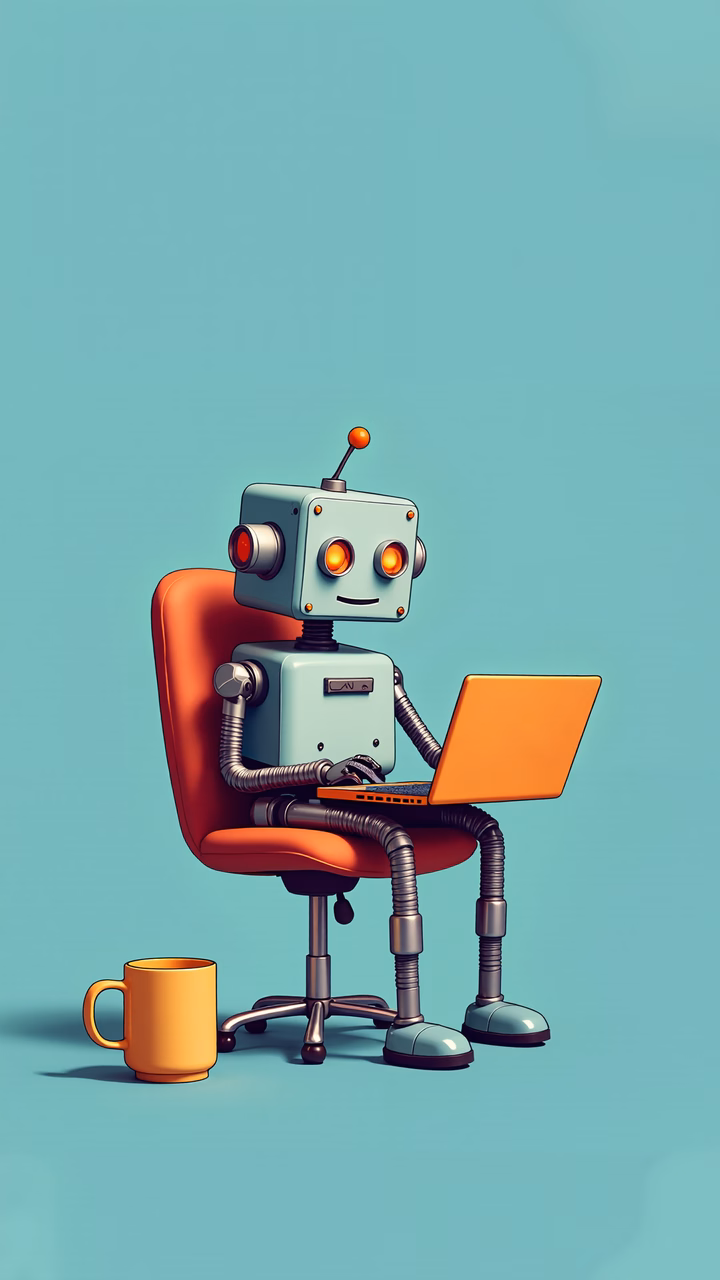 A robot working on a laptop in a cozy office setting.