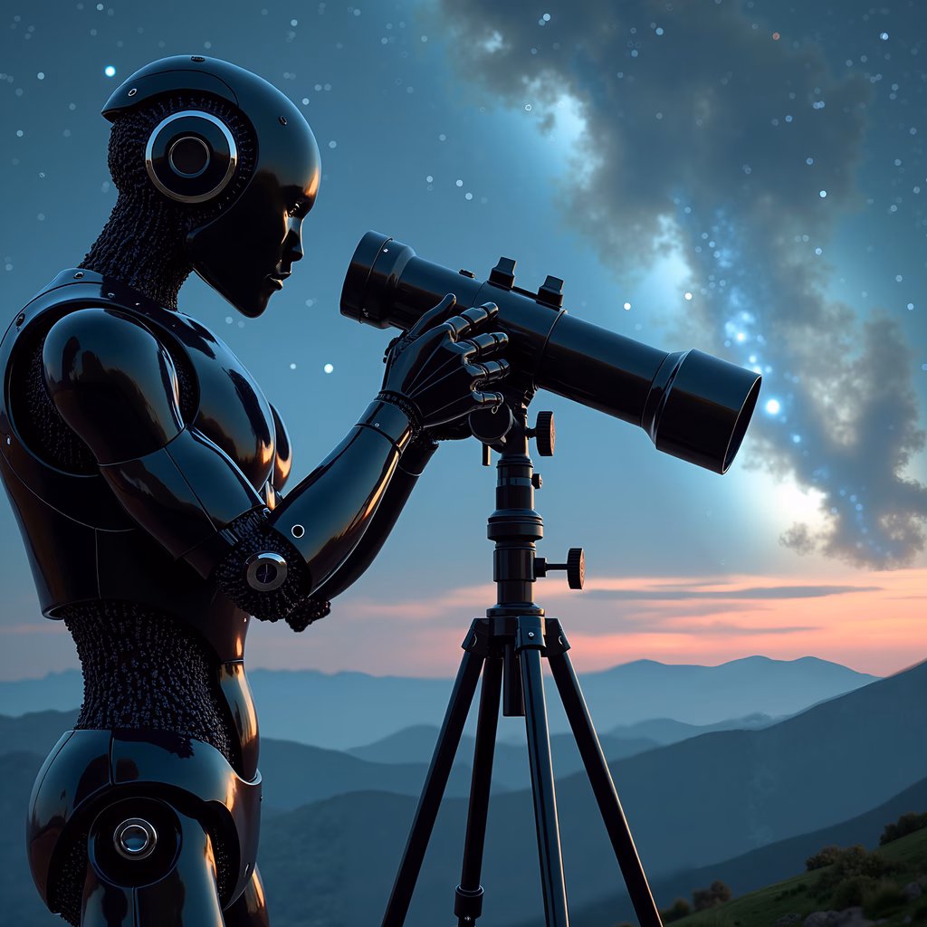 A robotic observer gazes into the night sky, blending science fiction with serene twilight.