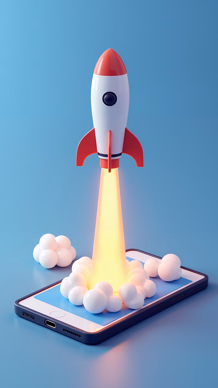 Vibrant rocket launch from a smartphone screen, symbolizing innovation and progress.