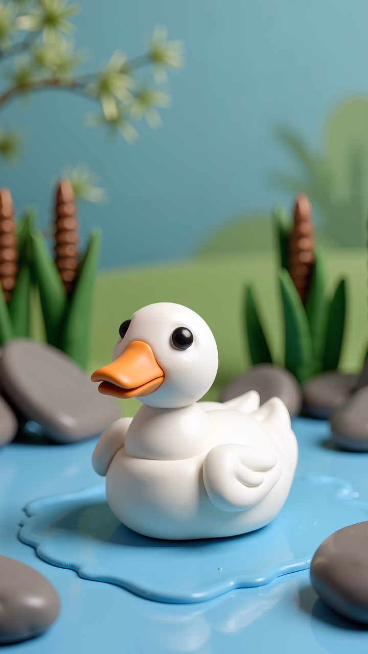 A delightful rubber duck floating on a tranquil pond, surrounded by nature.