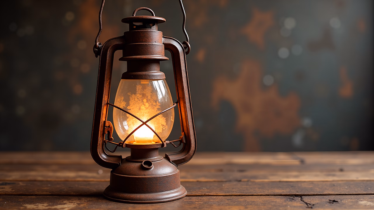 Close-up of a rustic lantern glowing warmly against a bokeh background.