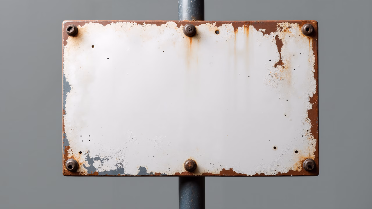 Close-up of a rusty sign with peeling paint and dark metal pole against a gray background.