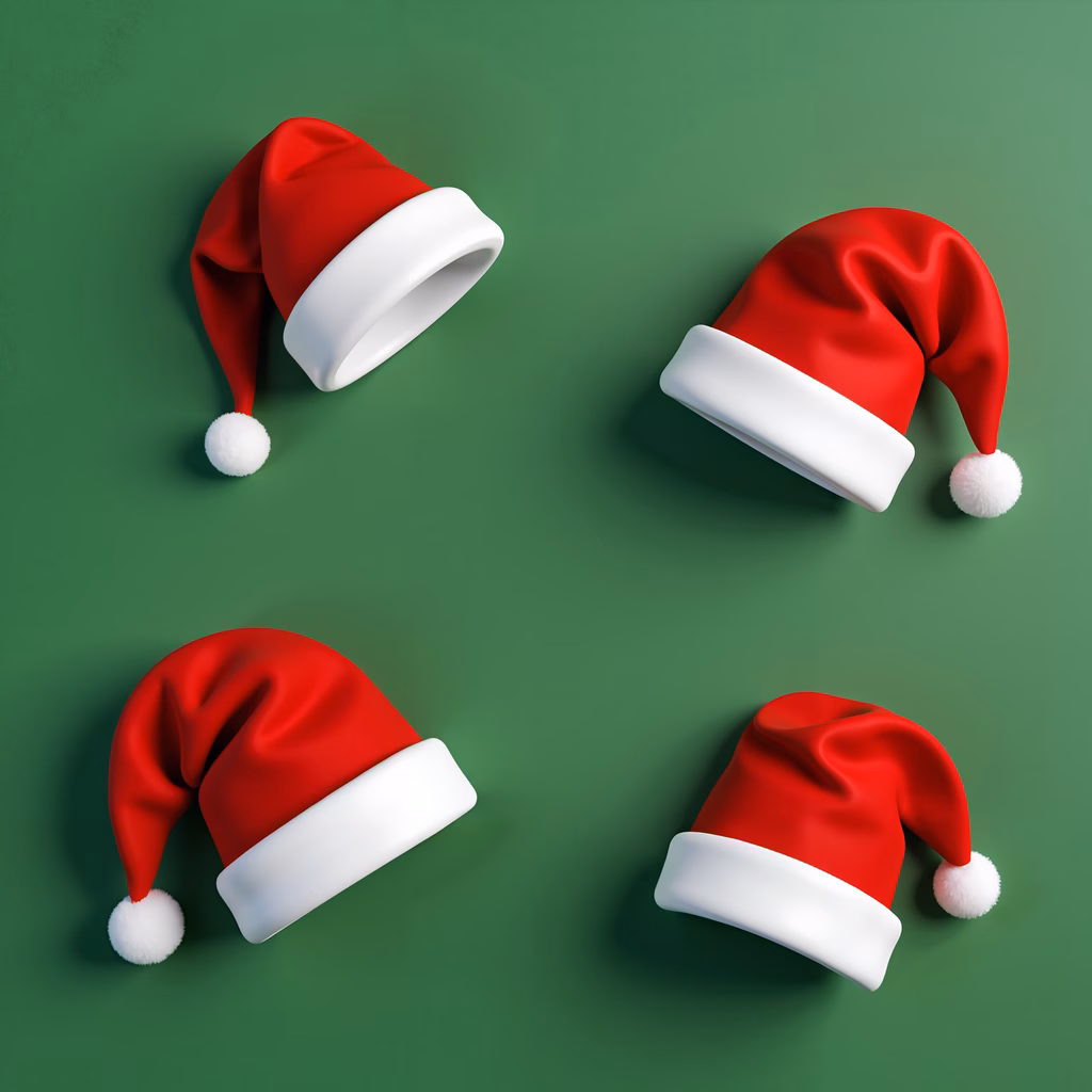 Four Santa hats on a festive green background.