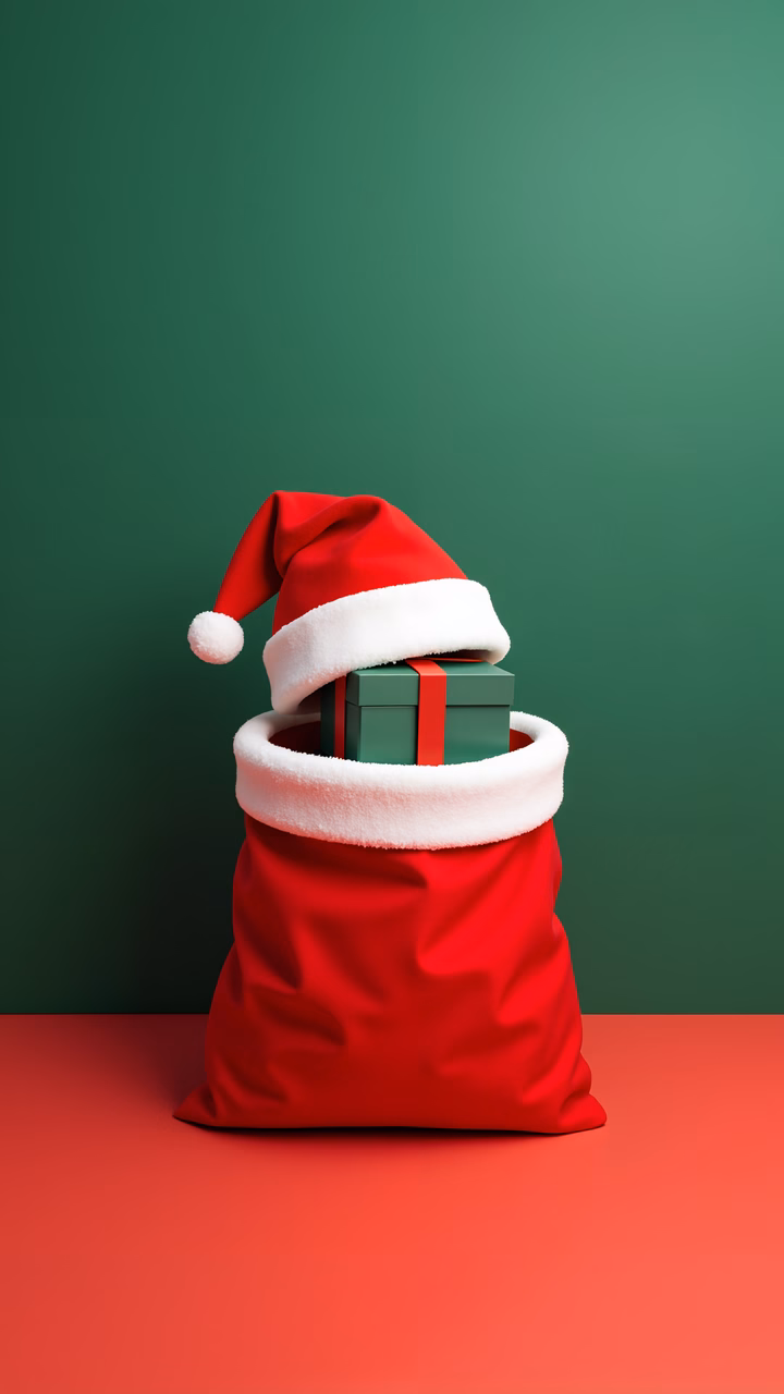 A Santa Claus hat on top of a gift box in a red sack, symbolizing Christmas joy.