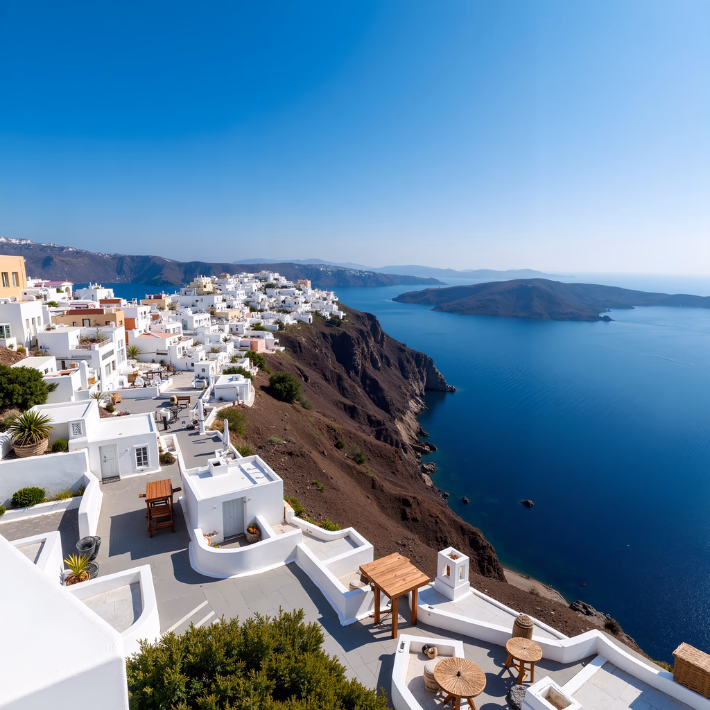 Santorini cliffside villas overlooking the Aegean Sea on a sunny day.