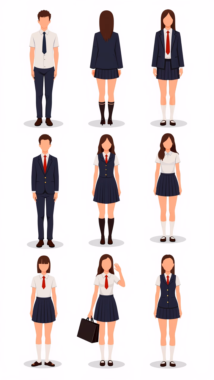 Illustrated school uniforms in navy blue and white, modern flat design.