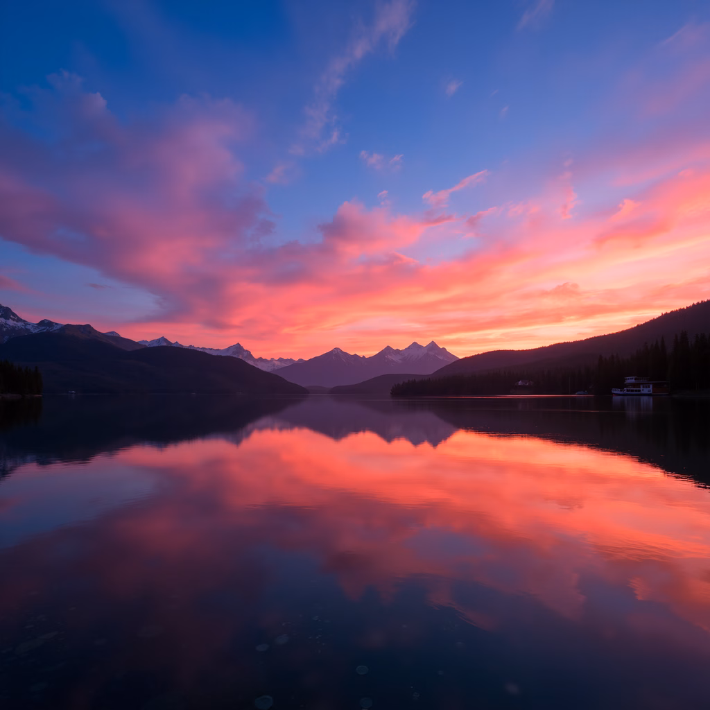 A serene sunset scene with vibrant reflections and snow-capped mountains.