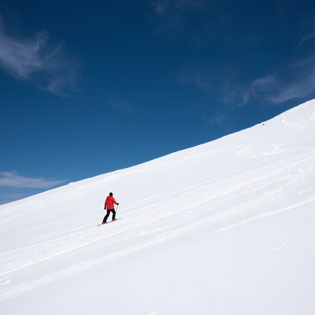 Solitary skier in red on snowy slope under clear blue sky