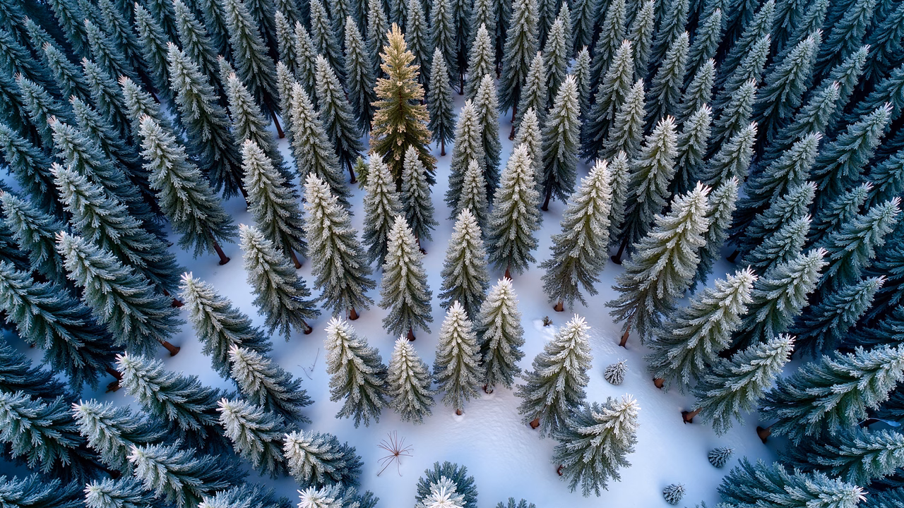 Aerial shot of snow-covered pine trees in a tranquil winter forest.