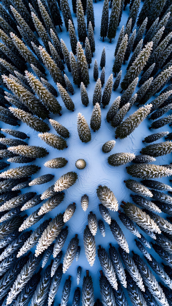 Aerial view of snow-covered coniferous forest in winter, serene and tranquil.