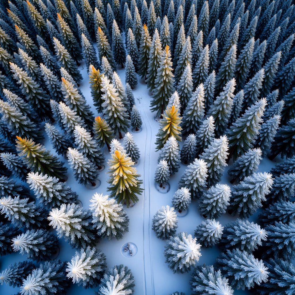 Aerial view of snow-covered evergreen forest in winter.