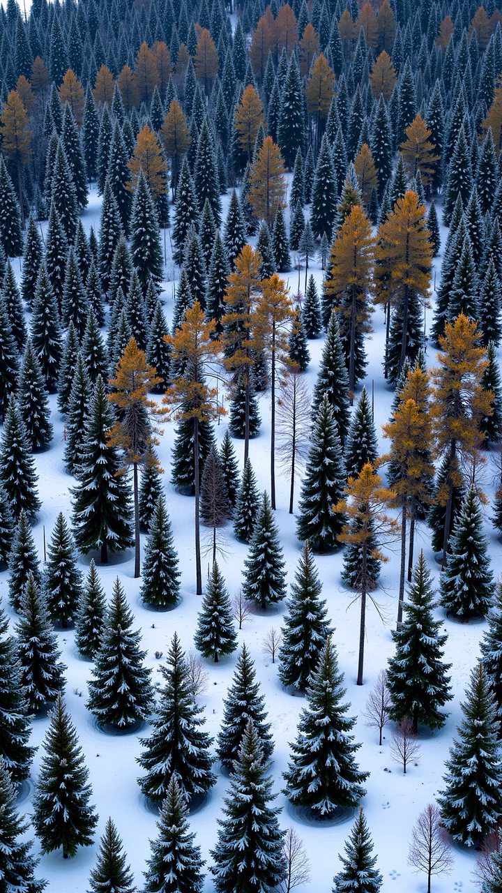 A snowy forest scene with tall evergreens and golden trees under soft winter light.