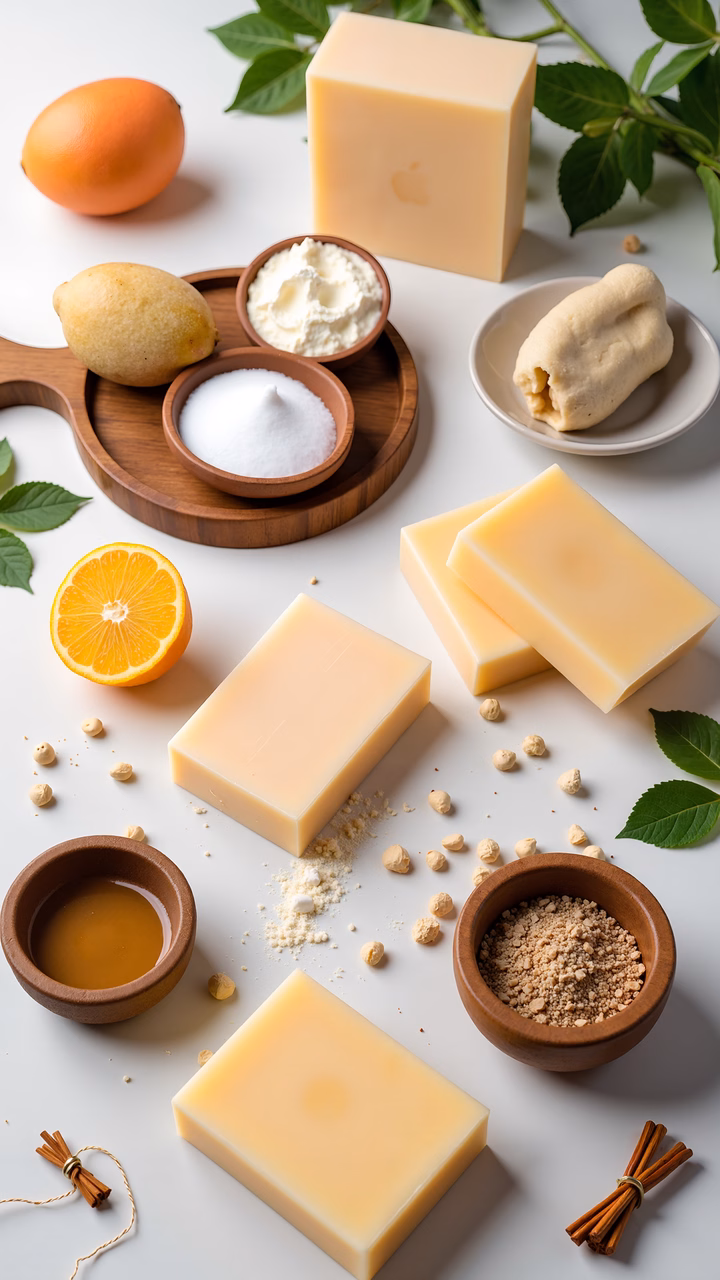 Soap-making ingredients arranged neatly on a white background.