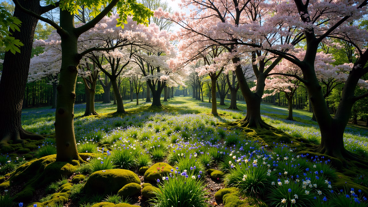 A tranquil spring forest scene with blooming trees and vibrant flowers.