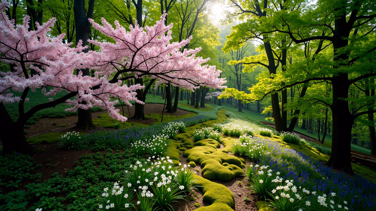 A tranquil spring forest scene with cherry blossoms and vibrant flowers.