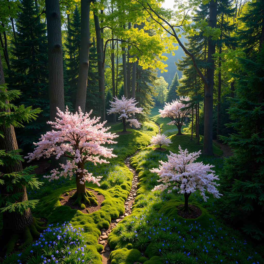 A tranquil spring forest with blooming cherry trees and lush greenery under dappled sunlight.