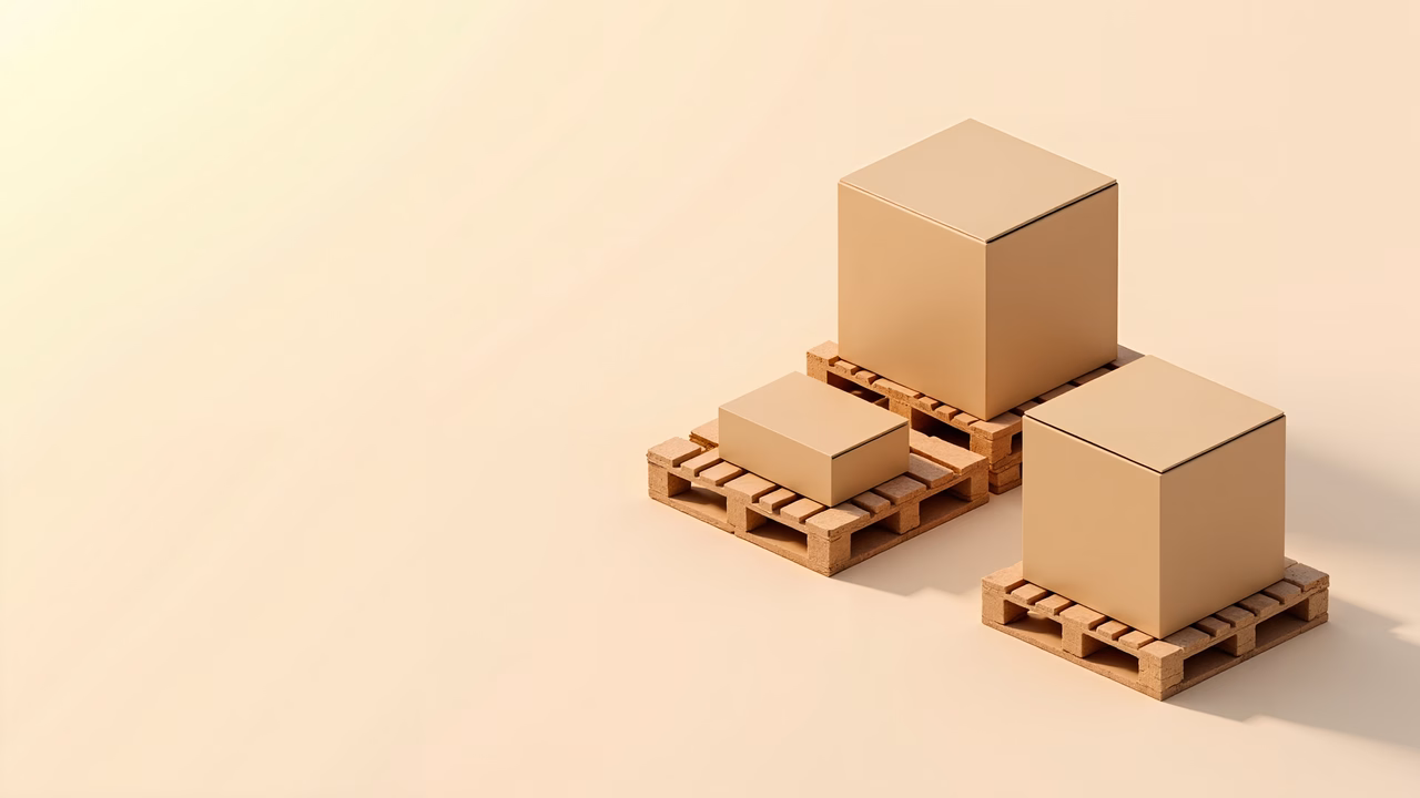 Minimalist illustration of stacked boxes on wooden pallets, emphasizing order and functionality.