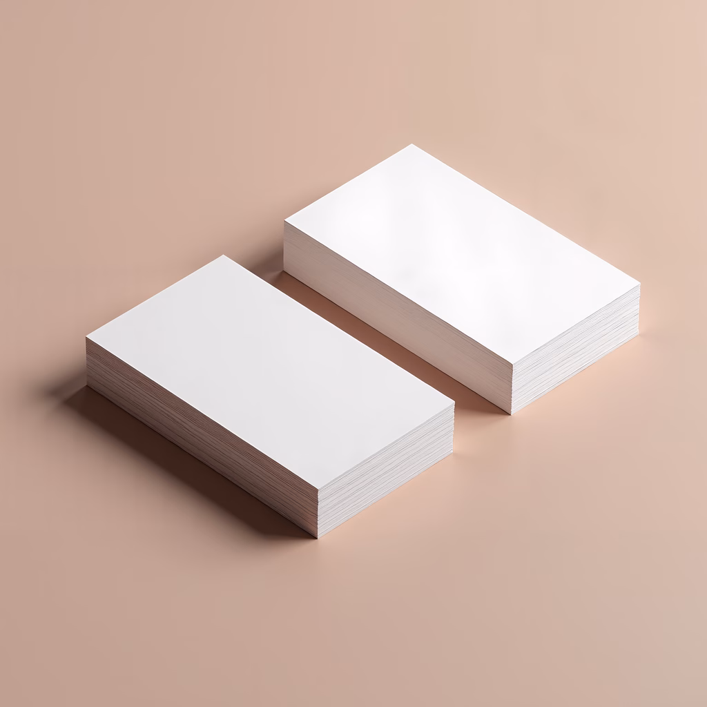 Minimalist photograph of stacked blank cards on a peach background, emphasizing simplicity and symmetry.