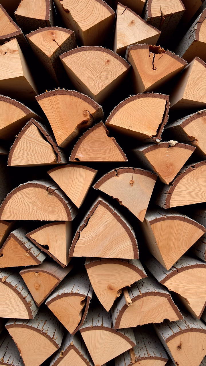Close-up of neatly stacked firewood against weathered wooden planks.
