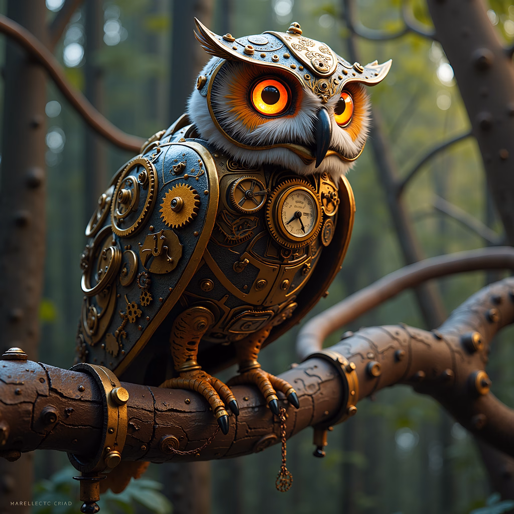 A steampunk owl with glowing eyes and intricate gears, blending机械与自然。