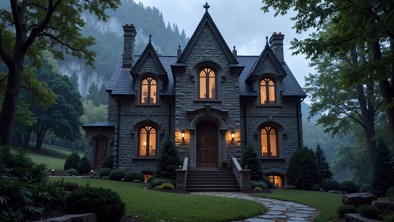 A stone castle surrounded by dense woods under a cloudy sky, evoking a sense of mystery and grandeur.