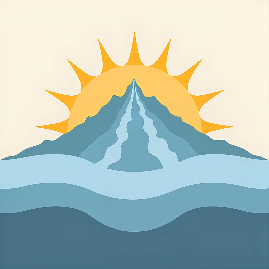 A peaceful sunrise over mountains and calm waters.