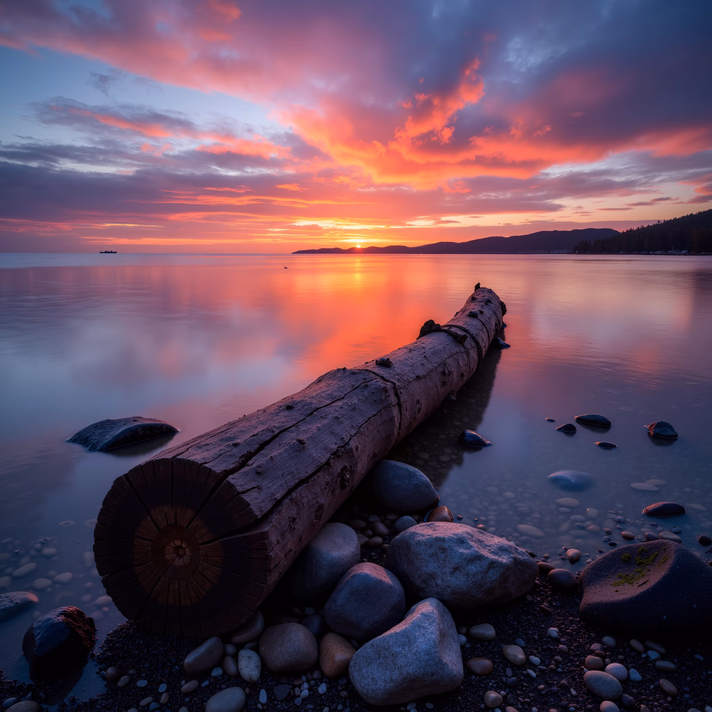 A tranquil sunset scene with vibrant colors and a weathered log on a pebbled shore.