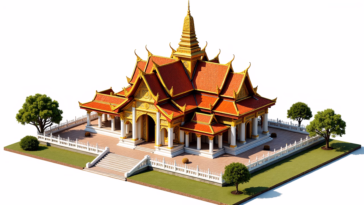 Detailed illustration of a Thai temple with red roofs and golden accents, surrounded by greenery and a white fence.
