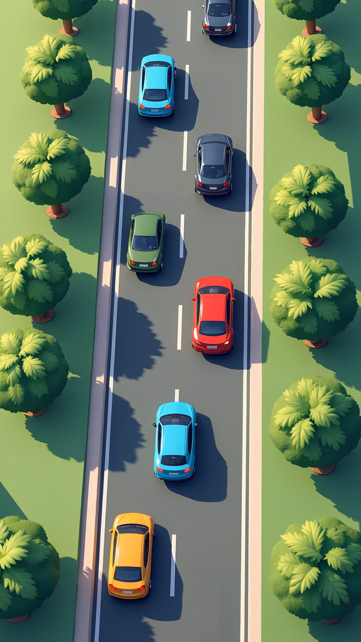 Brightly colored cars in a traffic jam, urban life illustration.