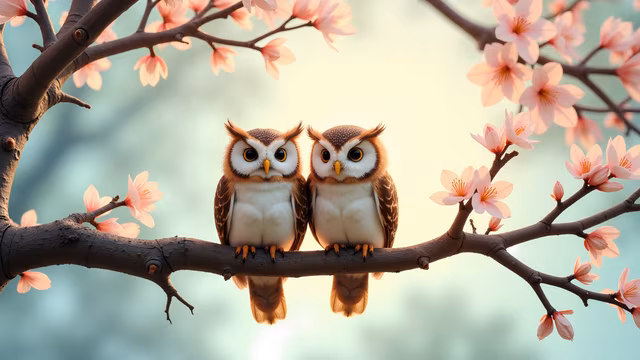 Two Owls on a Blossoming Branch