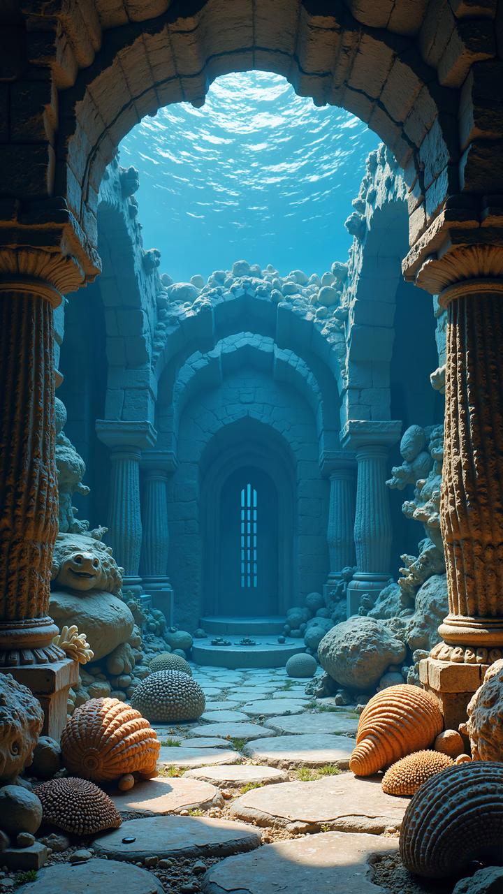 Ancient underwater ruins with marine life and classical architecture.
