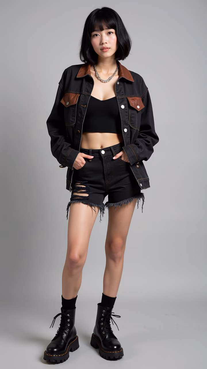 Bold urban chic fashion with black denim and brown leather accents.