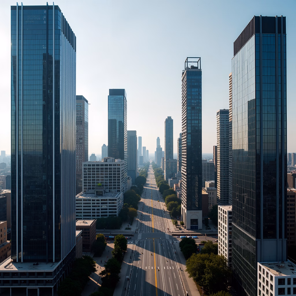 Modern city skyline with glass-clad skyscrapers and golden sunlight.