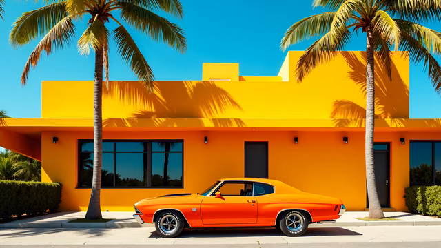 Vibrant Orange Car and Yellow Building