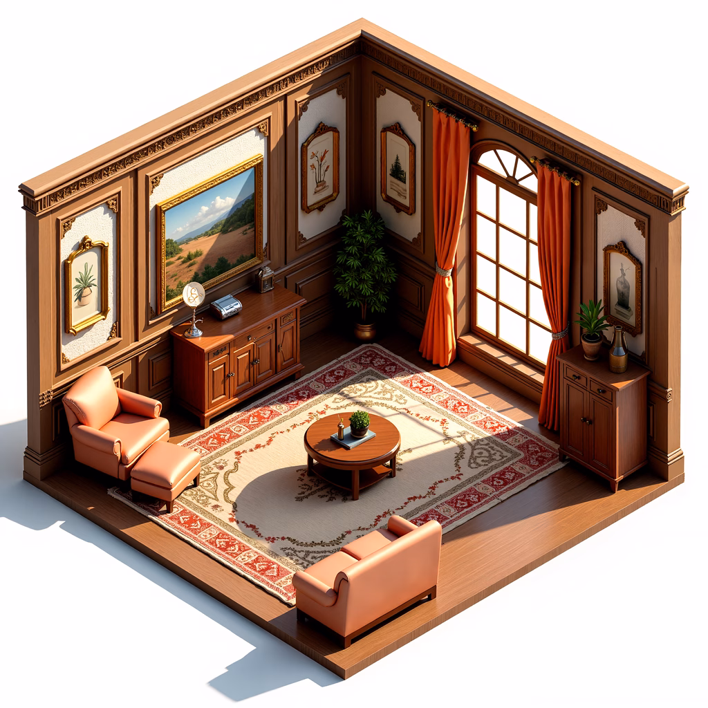 Vintage-inspired living room with warm wood and red accents.