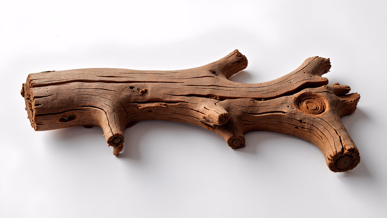 A close-up of a weathered branch with intricate textures on a white background.