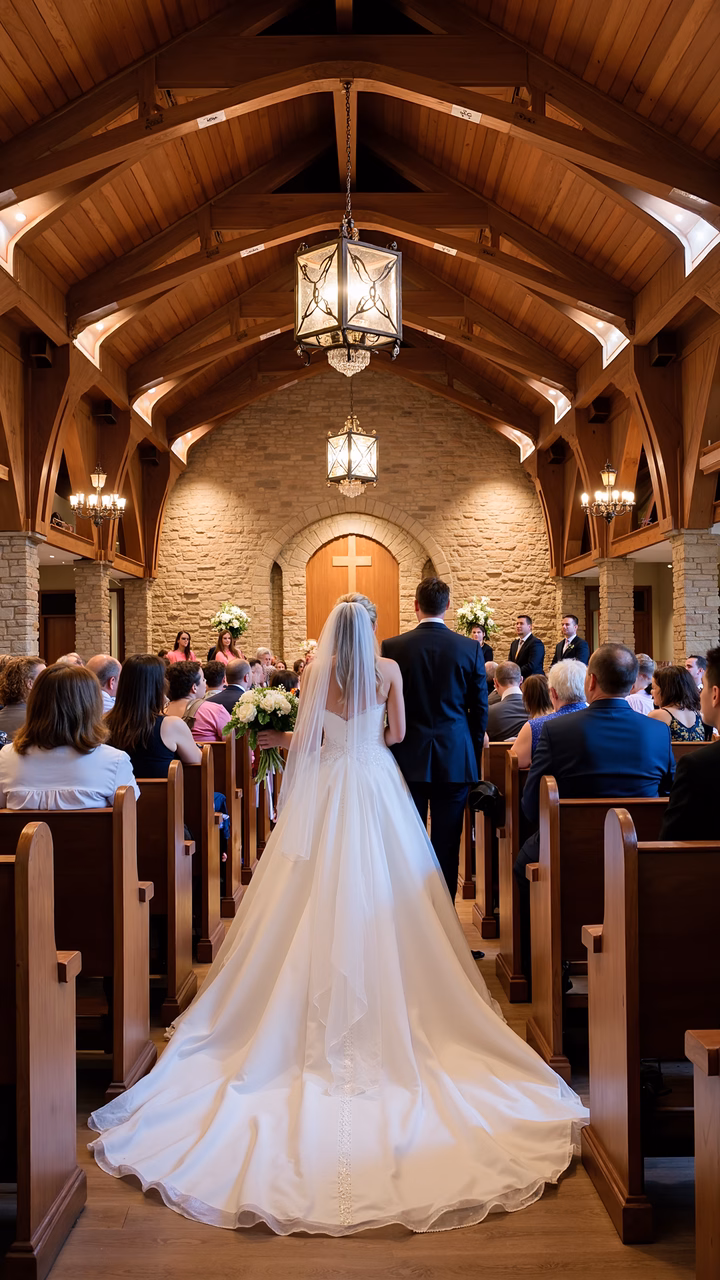 Bride walking down aisle in a church during wedding ceremony.