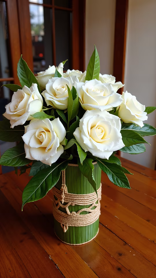 White Roses in Bamboo Vase