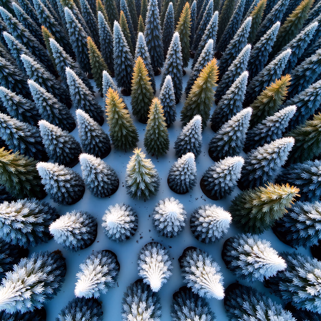 Aerial shot of a snowy winter forest with pine trees and cool tones.